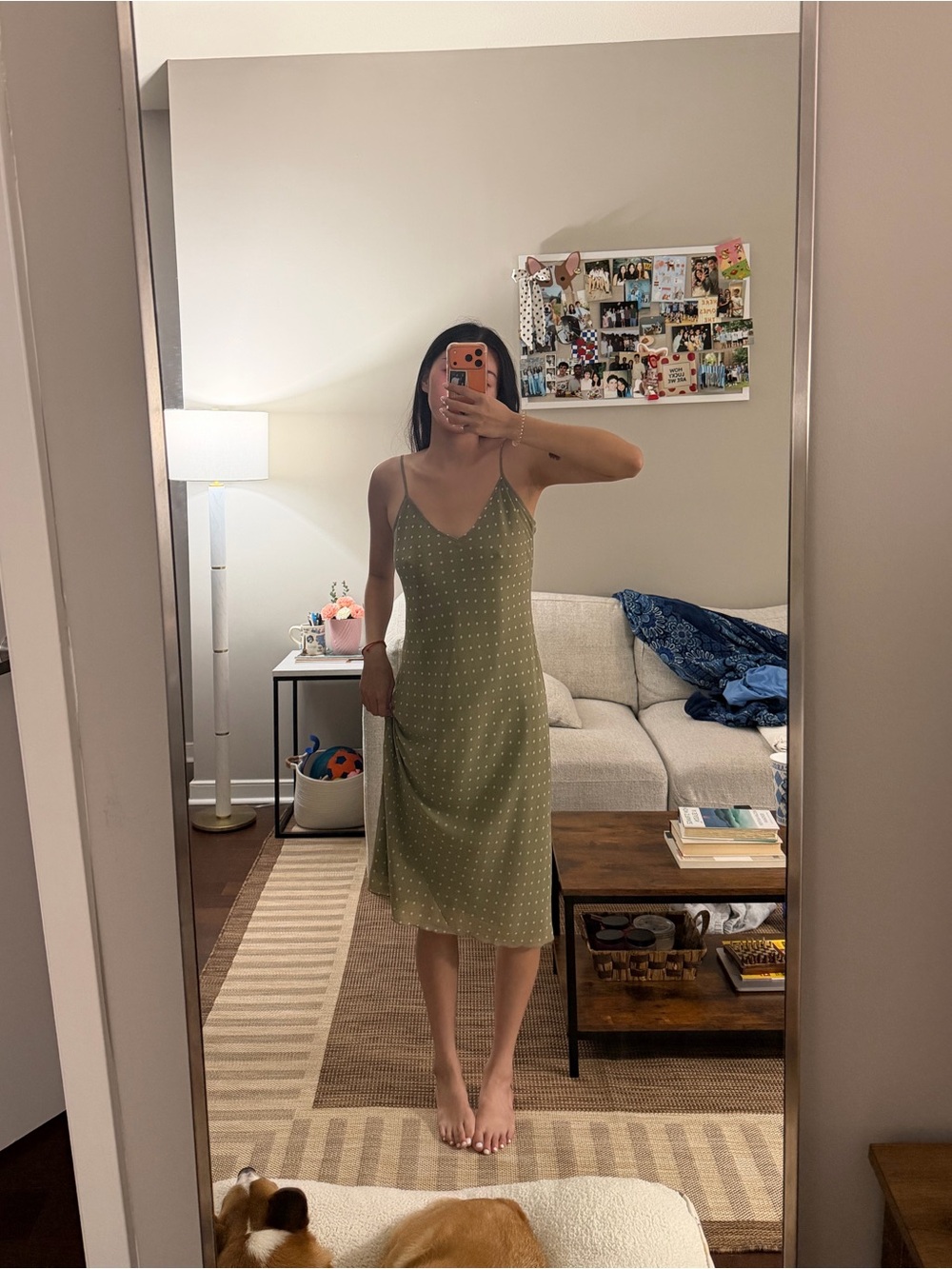 Aritzia Wilfred Sags Green Polka Dot Slip Midi Dress